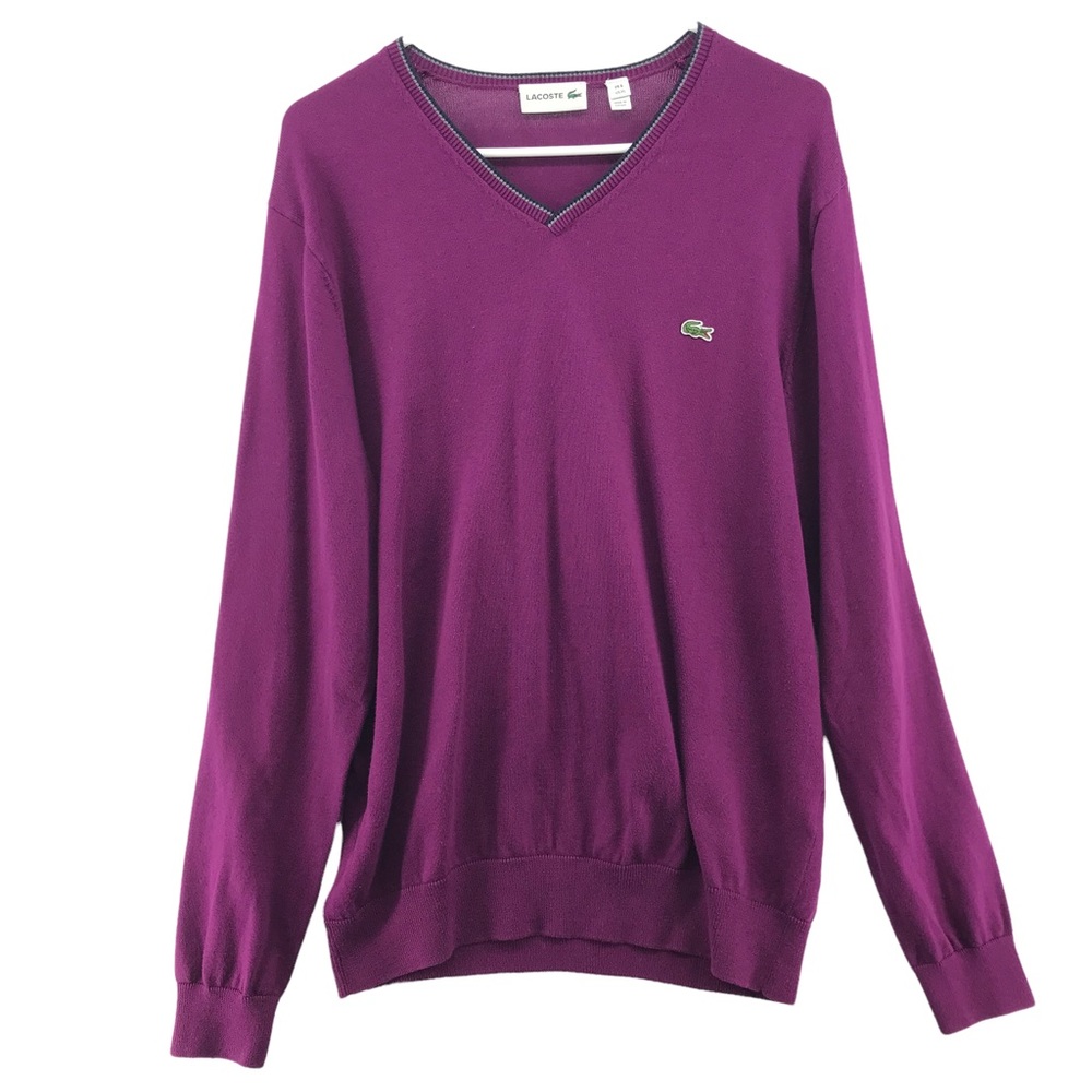 Lacoste V Neck Purple Pullover Sweater Size XL 100% Cotton